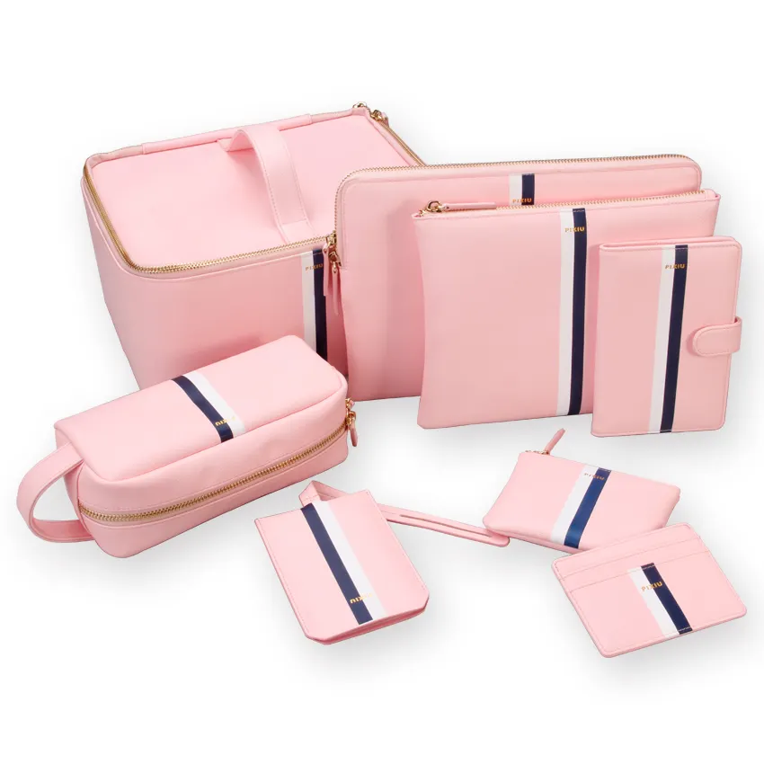 Factory Sale Pink Gift Set Series PU/Real革Card Holder Handbag Luggage Tag Zipper Bag Holder Printing Logo Big Bag