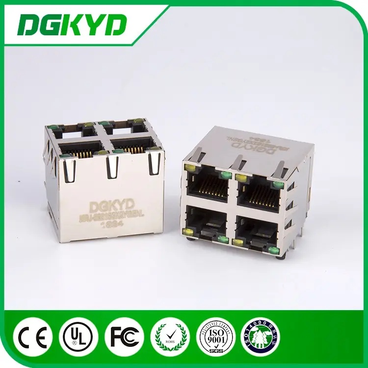 Shield stacked multiport 2x2 rj 45 modular jack , y/g led.