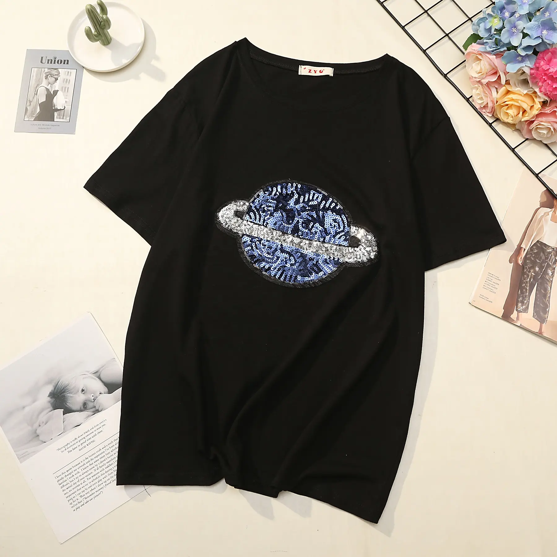 Camiseta de algodão feminina, gola redonda para mulheres, indústria pesada, lantejoulas, planeta, manga de vento, verão, 2019