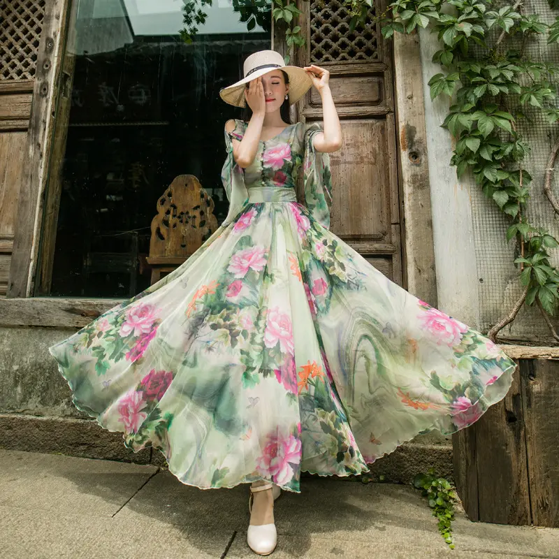 YQ244 Breathable floral print dress women casual one piece dress