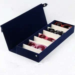 8 Grids Flock Zonnebril Opbergdoos Suede Bril Organizer Case Collector Met Cover Zonnebril Display Blauw Horloge Organizer