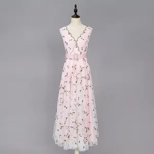 Ropa Sexy de verano para mujer, vestido elegante de noche con estampado completo bordado rosa sin mangas con cremallera trasera Floral