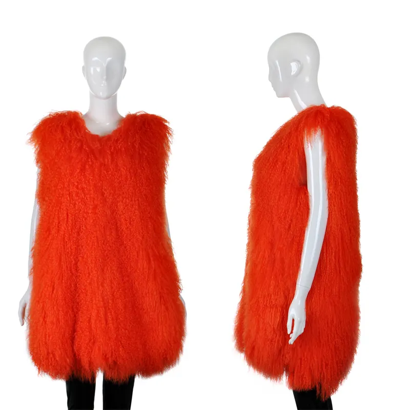 YR861 Genuine Long Mongolian Lamb Fur Vest Fashion Clothes For Women