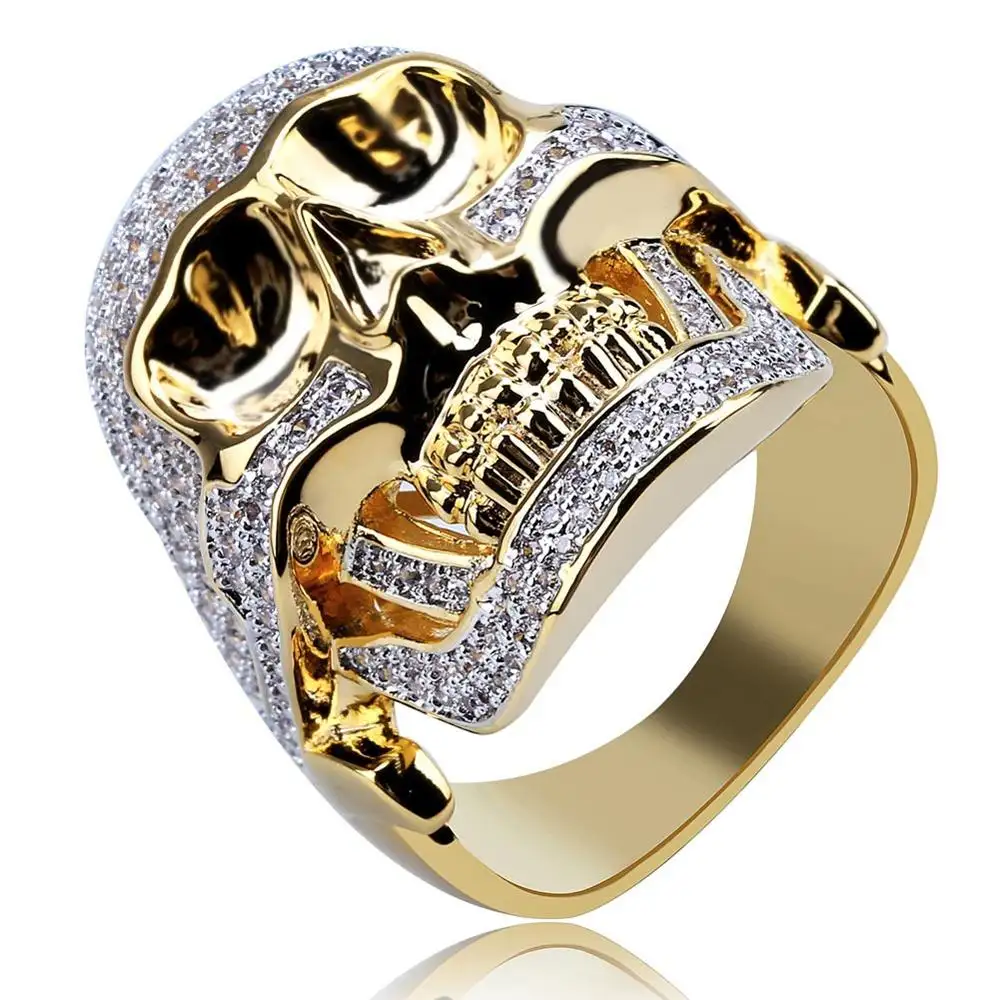 Nieuwe Dominante Schedel Diamanten Ringen Voor Mannen Volledige Zirconia Crystal Punk Trouwring Gepersonaliseerde Gouden Sieraden