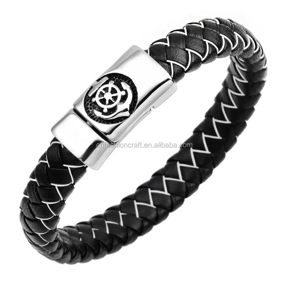 Europe top brand leather braid Men's accessories Stainless steel anchor men's leather bracelets