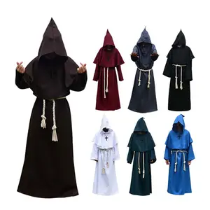 Men's Friar Medieval Hooded Monk Priest Robe Tunic Halloween Cosplay Costume
