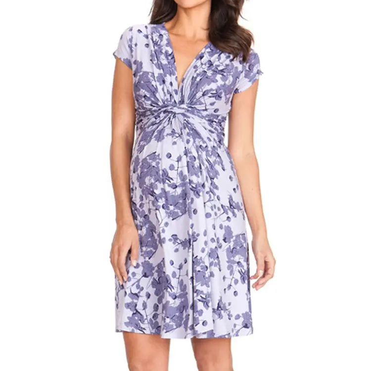 OEM ODM Custom Casual Elegant Knot Front V Neck Cap Sleeve Soft Stretchy Mini Korean Style Pregnancy Maternity Dresses For Photo