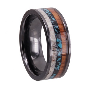 CHENG JEWELERS VENTA AL POR MAYOR Anillo de Bodas de cerámica negra de 8mm con asta de ciervo e incrustaciones de madera - Product Image 4