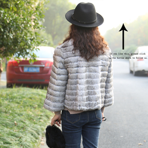 <span class=keywords><strong>Cappotto</strong></span> a righe lussuose a righe di coniglio con strisce incrociate a bottone singolo con maniche a tre quarti da donna - Product Image 6