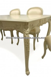 Ensemble de table à manger rectangulaire vintage moderne en blanc ivoire, 6 chaises, bois de teck massif, cuir synthétique, maison, hôtel, villa, luxe, sculpté - Product Image 2