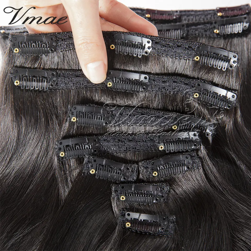 VMAE-extensiones de cabello humano brasileño Natural, de seda negra, recta, 100g, 120g, 140g, 180g, con Clip alineado, virgen