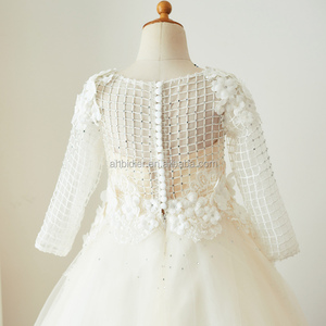 Abito da bambina a maniche lunghe in <span class=keywords><strong>Tulle</strong></span> di pizzo con perline Champagne abito da festa di compleanno principessa abito da bambina - Product Image 4