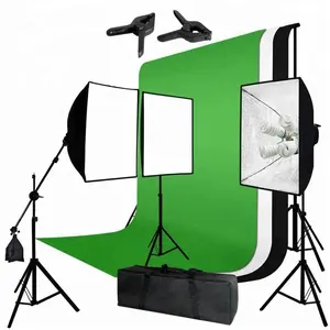 Four Light Head Continuous Light Softbox Boom Stand Kit with White Black Green Muslin Backdrop