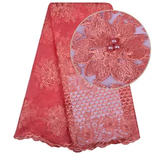 桃色薄纱法国蕾丝面料非洲时尚面料刺绣网蕾丝珠子为尼日利亚非洲党 1168