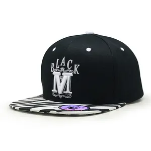 Custom High Quality Acrylic Cap Snapback 3D Embroidery Logo Zebra Pattern Brim Flat Brim Cap