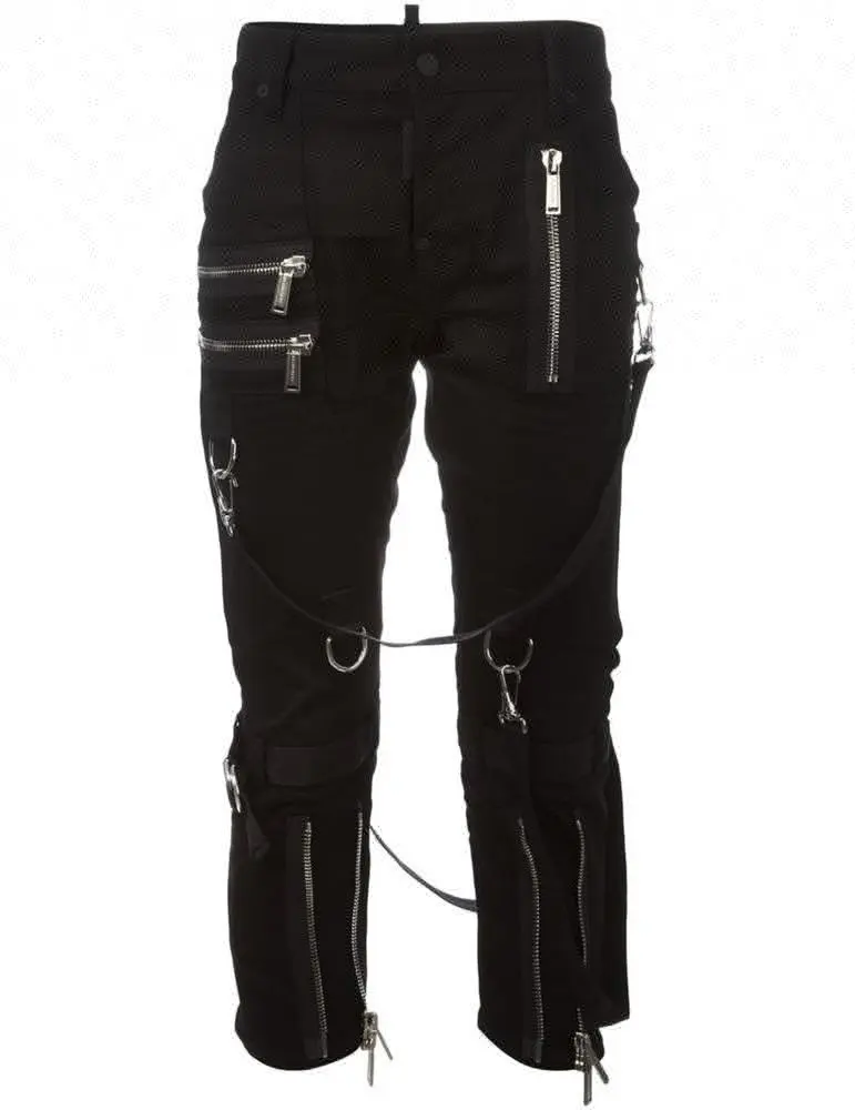 Royal wolf rave jeans hip hop style with zippers and halter design black cropped strap bondage jeans