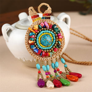 Kalung Rantai Tali Kepang Buatan Tangan, Kalung Gaya Bohemia Rumbai Pirus Perhiasan Populer - Product Image 3