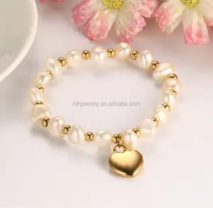 Ladies Gold Plated Stainless Steel Heart Charms Fresh Water Pearl Bracelet