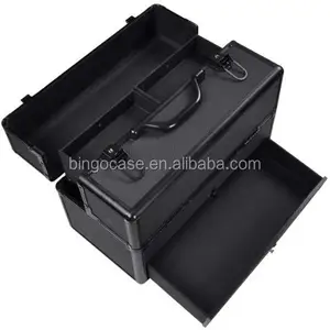 Professional Aluminum ABS Hair Stylist Barber Cosmetic Makeup Drawer Train Case With Key Lock Black