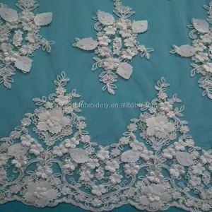 Último apliques bordado de encaje de tela/tela hecho a mano de marfil 3D encaje de flores para boda Vestido 2016