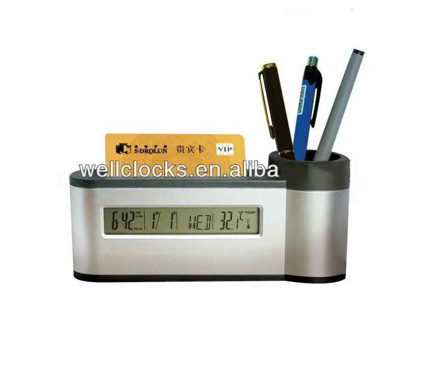 Fashion Classic Pen Holder With Cardcase Lcd Multifunctional Desk Clock