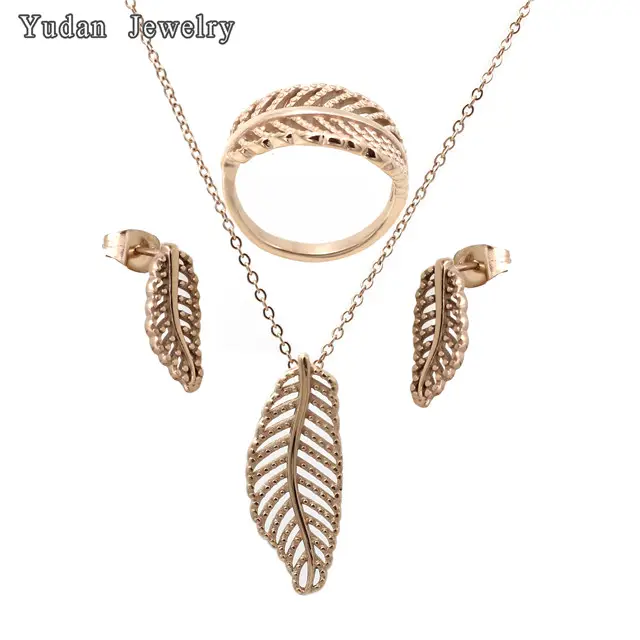 Wholesale Fashion Stainless Steel Leaf Ring Pendant Earring Plated Gold Jewelry Sets