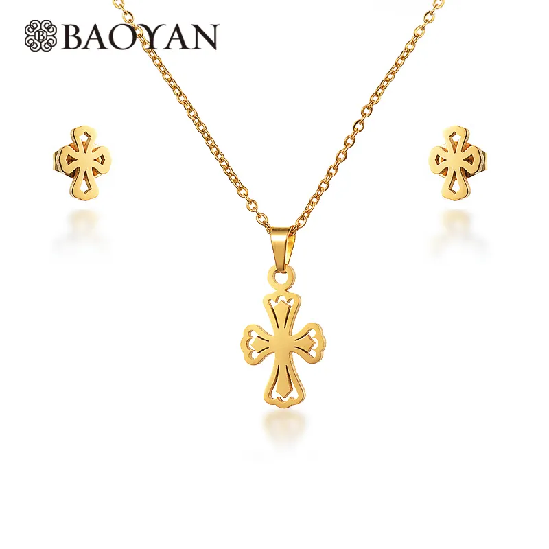 BAOYAN Cheap Wholesale Religious Jewelry Gold Plated Stainless Steel Hollow Cross Necklace Earrings Jewelry Set