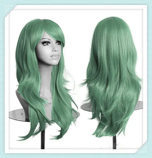 Green Wig Long Wave Adult Fancy Dress Costume Green Color Synthetic Cosplay Wigs HPC-1992
