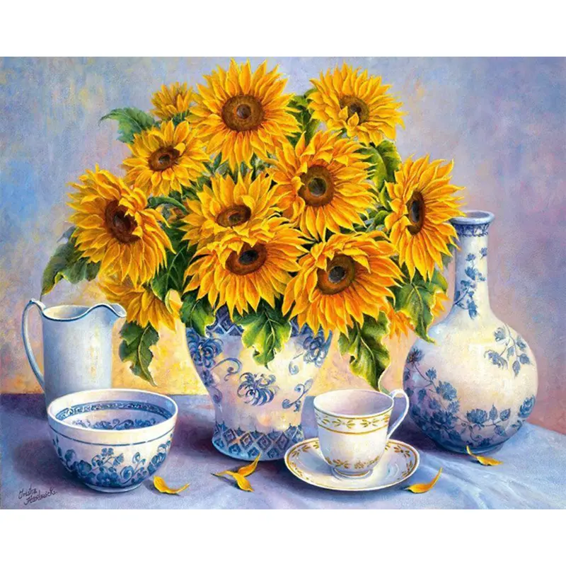 2022 New Good Quality Diy 5d Diamond Painting Sunflower Vase Teacup Full Square Diamond Painting Short Lint Canvas Art