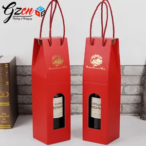 custom high quality red color gold logo print clear window wine paper carry bag