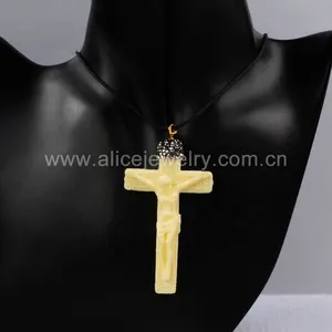 JAB043 Natural ox bone 3d Jesus on the cross carved with gun-black zircon cap pendant jewelry