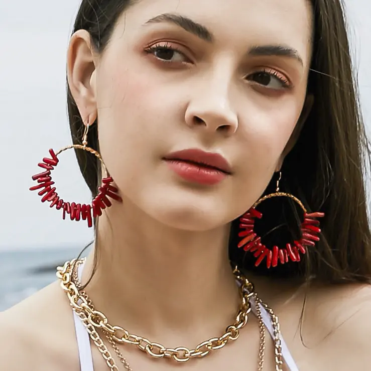 HANSIDON Luxury Amazon Hot Sale Red Coral Earrings Handmade Copper wire Hoop Dangle Earrings Gemstone Eardrop Jewelry