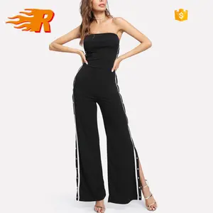 नवीनतम फैशन महिलाओं Bardot टेप विस्तार स्नैप बटन साइड व्यापक पैर Jumpsuit