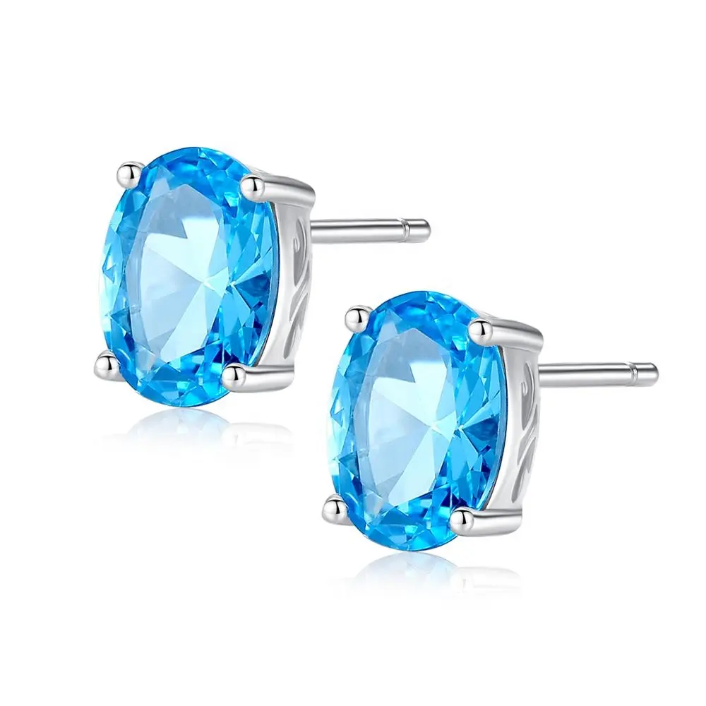 CZCITY Real 925 Sterling Silver Sky Blue Color Topaz Earrings Oval Shape Studs for Ladies Elegant Gemstone Jewelry