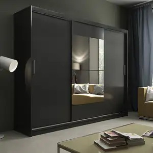 Armário de madeira moderno para quarto, 1 espelho, 3 portas deslizantes, armazenamento personalizado, grandes armários