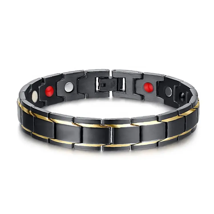 Pulsera magnética de acero inoxidable para hombre, brazalete negro y dorado de alta calidad para control de la presión sanguínea y salud