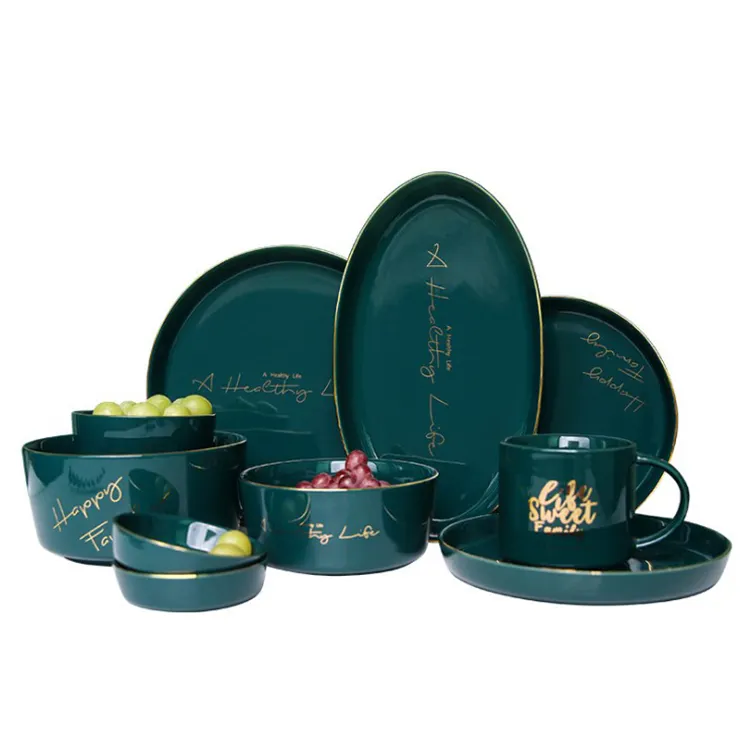 Ins copo de porcelana verde dourado, conjuntos de louças de cerâmica criativas com prato