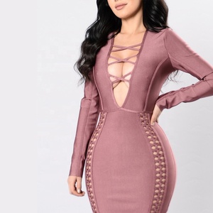 Abiti da fasciatura Crossover anteriori manica lunga Mini aderente Clubwear Party Women abiti Casual completi servizio OEM naturale adulti - Product Image 4