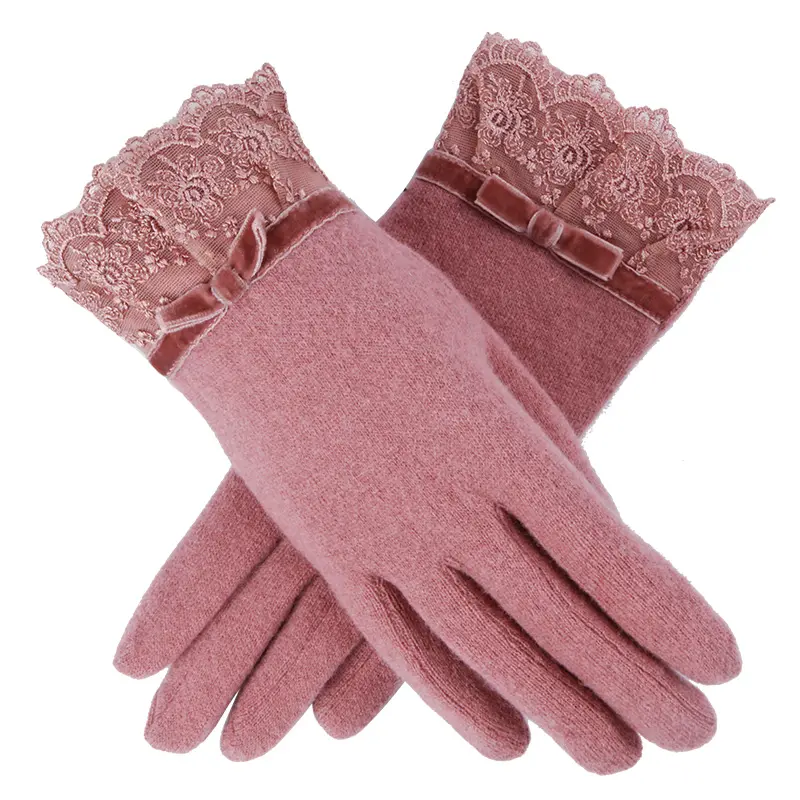 Gants d'hiver en dentelle pour femmes, accessoire décoratif, rose, pour écran tactile