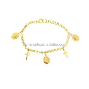 Stainless Steel Fine Link Religious Gold Plated Lady's Bracelet with Cross and Virgen de Guadalupe Charms