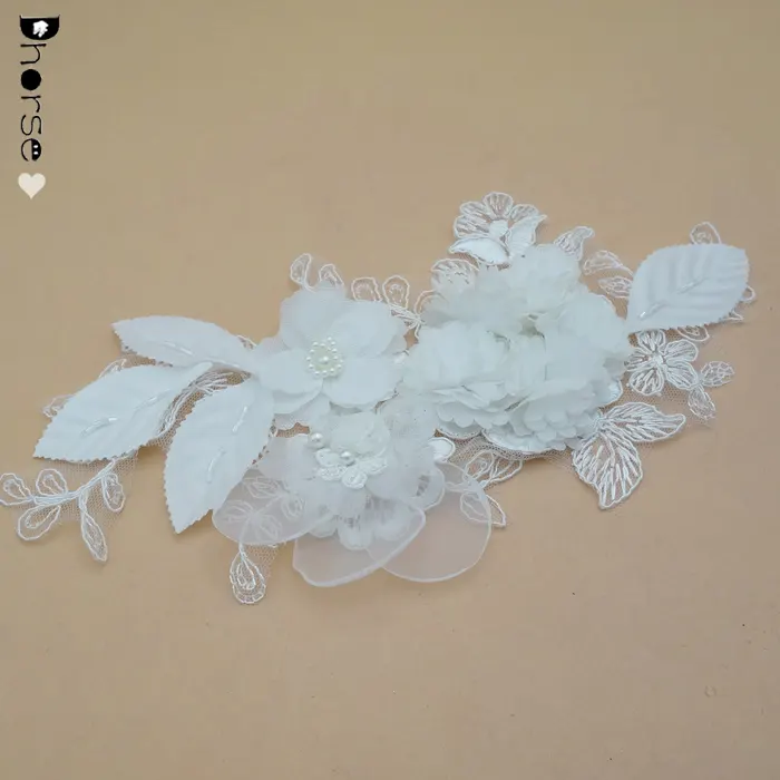2017 elegant bridal applique 3D chiffon flower cording embroidery beaded lace applique for wedding dress