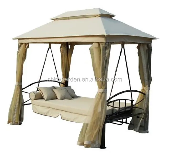 Outdoor 3 Person Patio Daybed Canopy Gazebo Swing, Tan with Mesh Walls