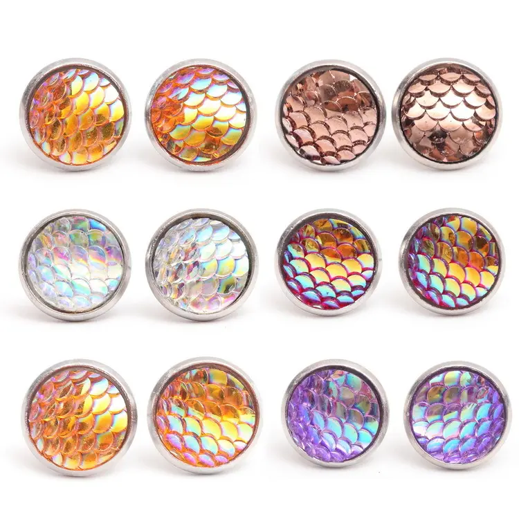 Mermaid Jewelry Round Fish Scale Cabochon Charm Stud Earrings For Girls
