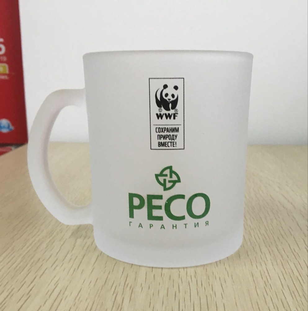 11oz Frosted Glass Coffee Mug With Custom Printing.