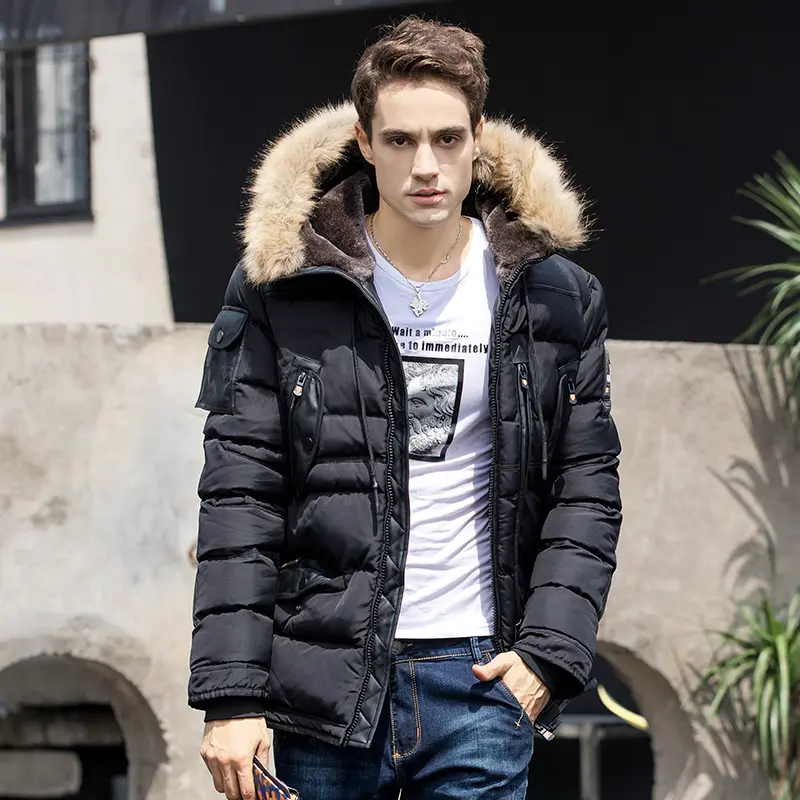 Novo design de moda dos homens quentes ao ar livre com capuz pu jaqueta casaco com pele