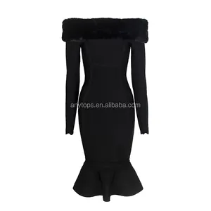 Propre Conception Femmes Occidentales Noir À Manches Longues Dame Fishtail robe de soirée sur mesure Fourrure Garniture Robes 2019 bandage robe