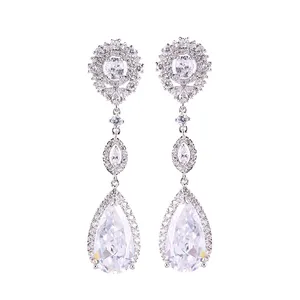 RAKOL EP349 Unique Silver Engagement Jewelry Luxury Big Long Drop Zircon Crystal CZ Bridal Dangle Earrings