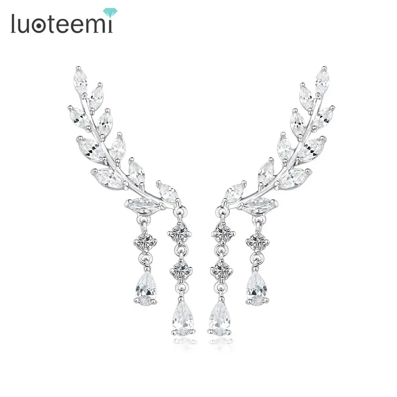 LUOTEEMI Wholesale Luxury Women Tops Fashion Weddings Jewelry White Gold Bridal Leaf Water Drop CZ Chandelier Earrings