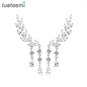 LUOTEEMI Wholesale Luxury Women Fashion Weddings Jewelry White Gold Bridal Leaf Water Drop CZ Chandelier Earrings