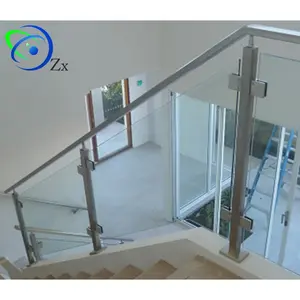 Oblique stair glass railing/gradient staircase glass balustrade used slant base stainless steel Square post